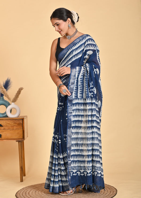 Hand Block Print Linen Saree with Blouse .