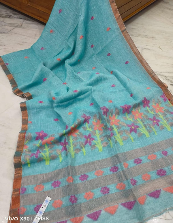 Pure Linen Silk Weaving Saree With Blouse.