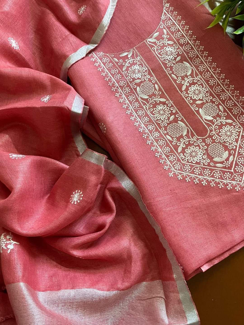 Bhagalpuri Cotton Linen Embroidery Unstitched suit.