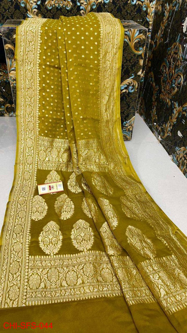 Pure Banarasi Handloom Khaddi Georgette Silk Saree With Beautiful Antique Zari Work