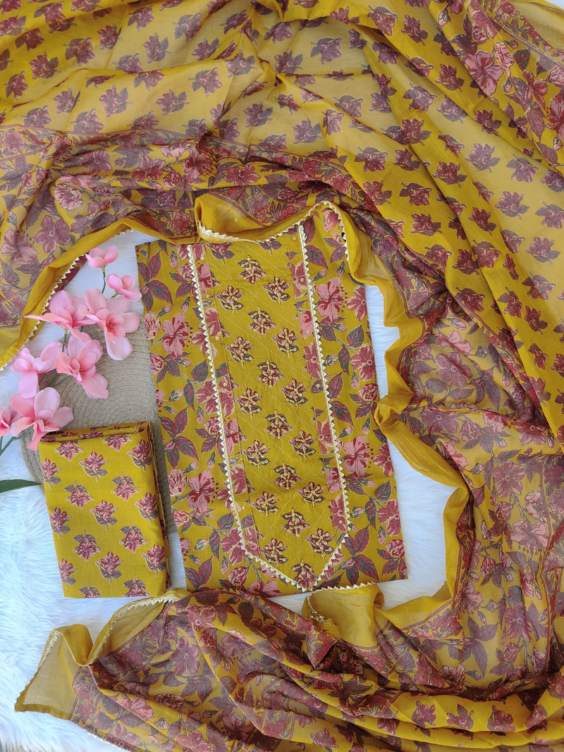 Pure Cotton Hand Block & Gotta patti Work unstitched Suit With Cotton Dupatta.