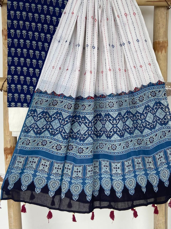 Pure Cotton Azrakh Print Unstitched suit With Hand kantha Work Dupatta .