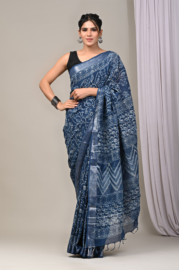 Hand Block Print Linen Saree with Blouse .