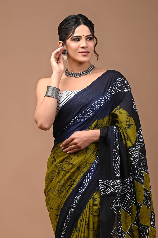 Pure  Mul cotton Hand print saree with Blouse.