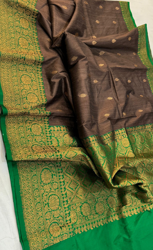 Handwoven Pure Banarasi Tussar Silk Saree With Antique Zari WorK.