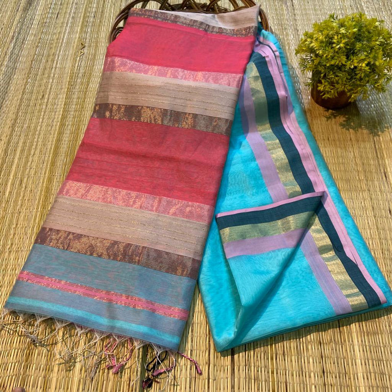 Handloom Maheshwari Silk Saree With Blouse.