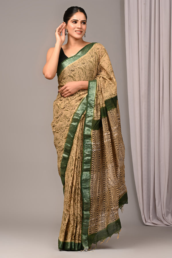 Hand Block Print Linen Saree with Blouse .