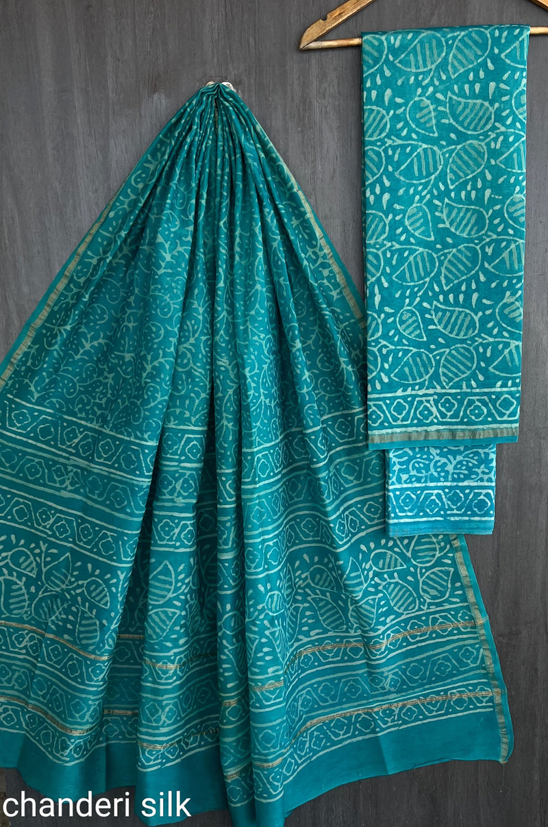 Pure Hand Block Chanderi Silk Unstitched Suit.