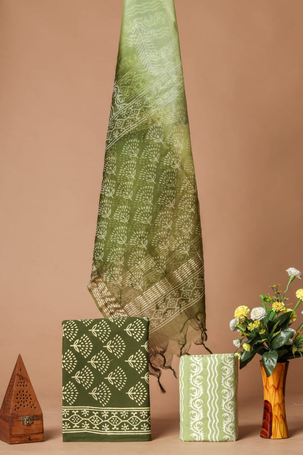 Hand-Block Print Pure Cotton Unstitched Suit With Organza Silk Dupatta