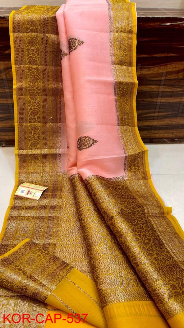 Pure Banarasi Kora Organza Silk Handwoven Zari Work Saree With Silk Mark Certificate ( Length- 6.3 Meter )