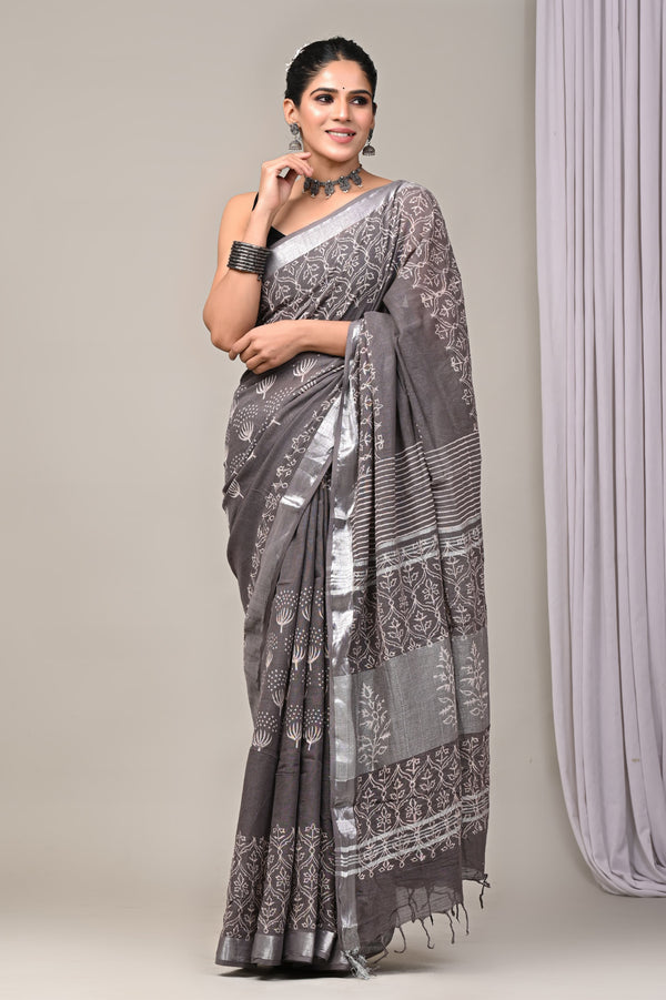 Hand Block Print Linen Saree with Blouse .