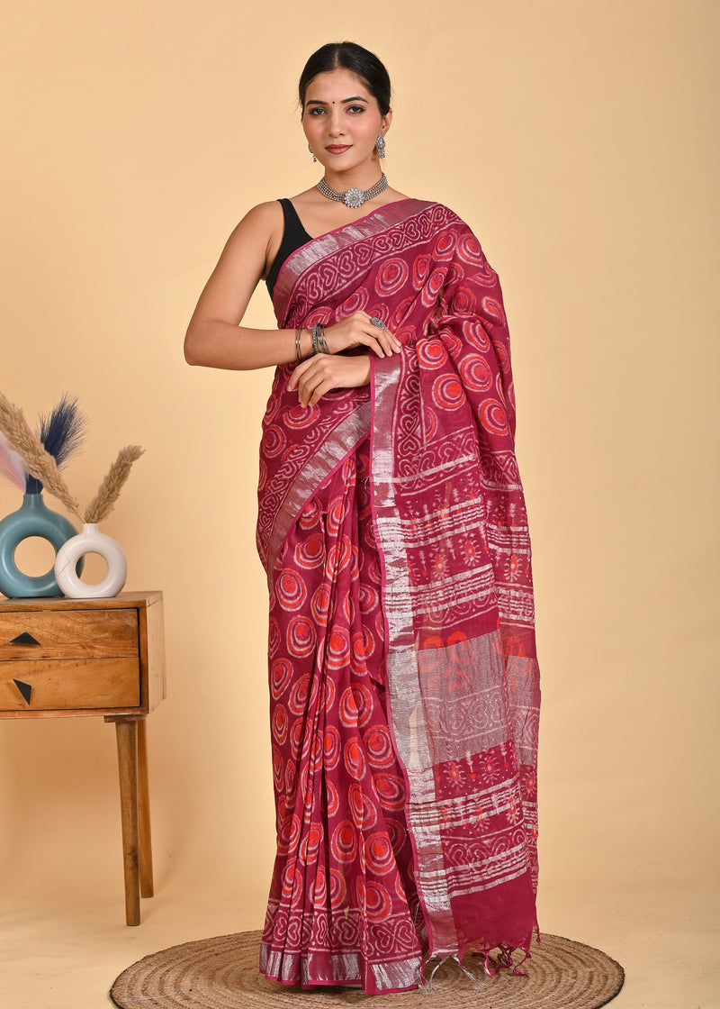 Hand Block Print Linen Saree with Blouse .