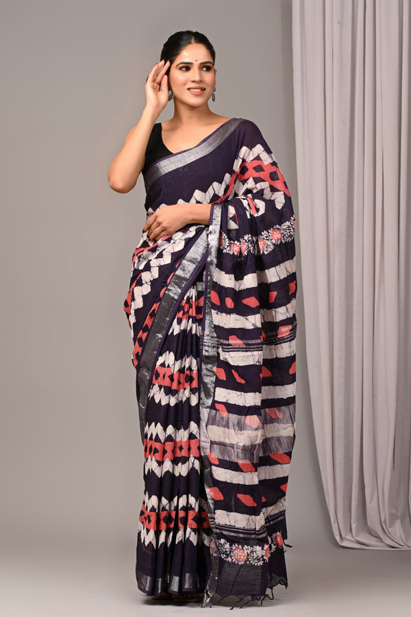 Hand Block Print Linen Saree with Blouse .