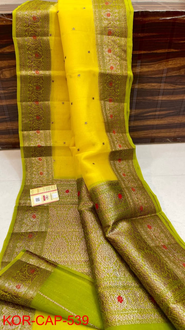 Pure Banarasi Kora Organza Silk Handwoven Zari Work Saree With Silk Mark Certificate ( Length- 6.3 Meter )