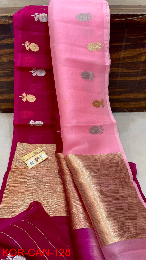 Pure Banarasi Kora Organza Silk Handwoven Zari Work Saree With Silk Mark Certificate ( Length- 6.3 Meter )