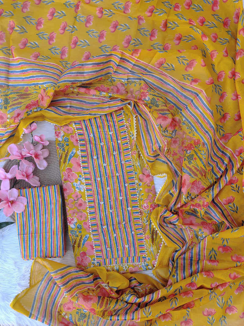 Pure Cotton Hand Block & Gotta patti Work unstitched Suit With Cotton Dupatta.