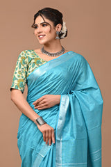 Hand Block Print Linen Saree with Blouse .