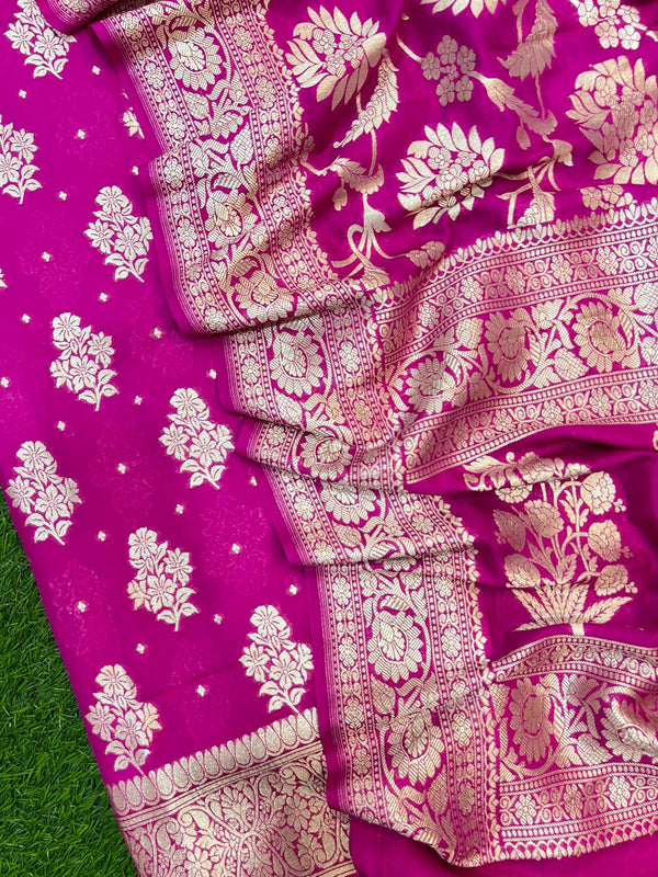 Pure Banarasi Handloom Chiniya Silk All Over Buti Work With Chiniya Silk Full Jaal Work Dupatta.