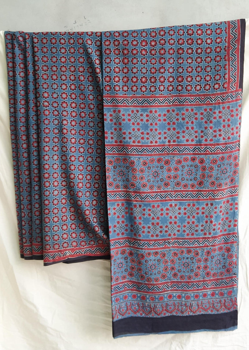 Pure Mul Cotton Saree With Azrak Print With Blouse.