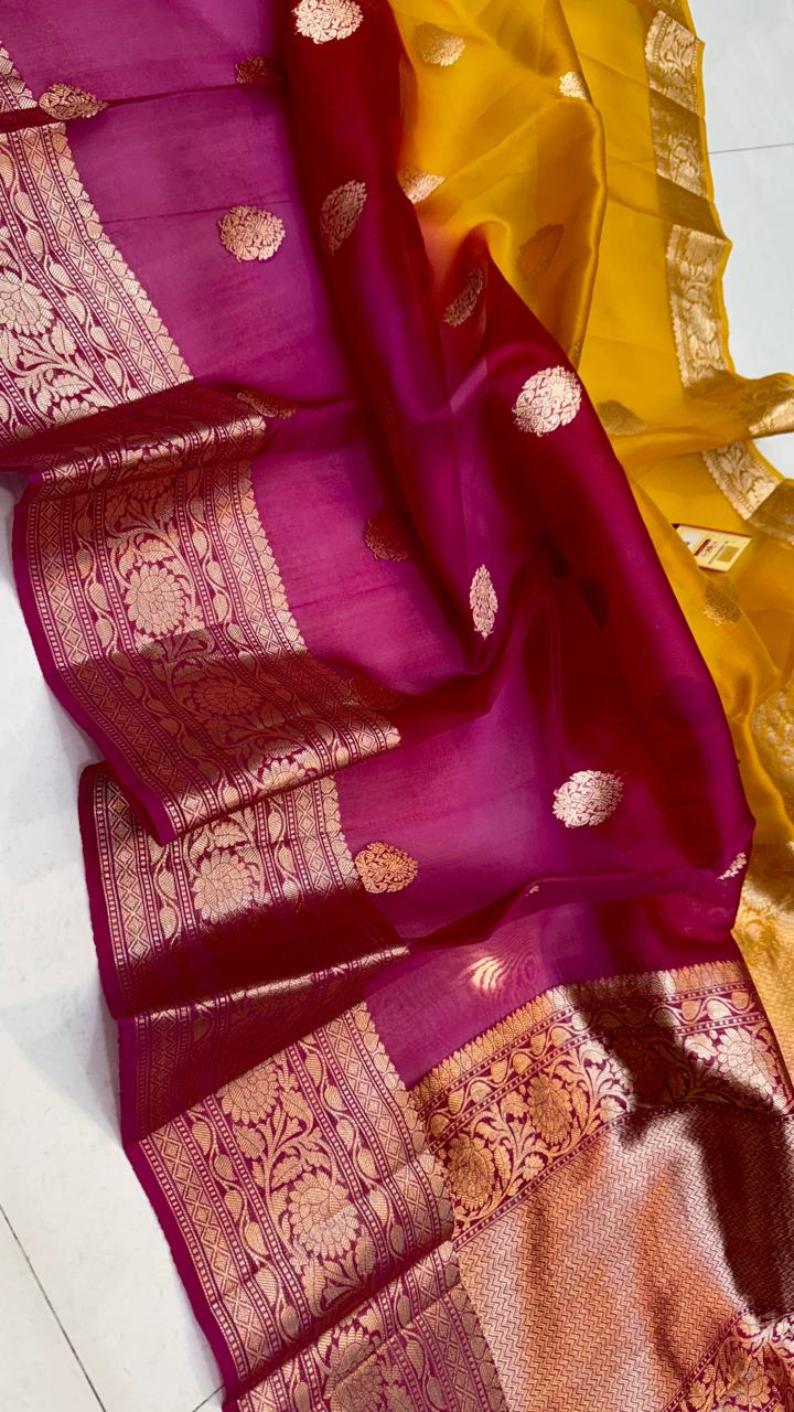 Pure Banarasi Kora Organza Silk Handwoven Zari Work Saree With Silk Mark Certificate ( Length- 6.3 Meter )