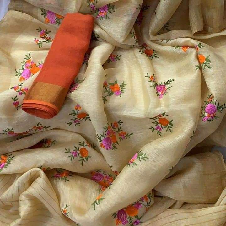 Pure Silk Linen By Linen Saree with Embroidery Work.( length- 6.3 meter )