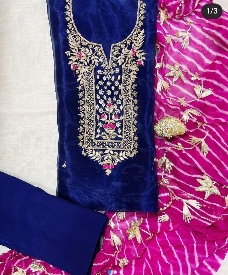 Organza Hand Work Unstitched Suit With Chiffon Dupatta