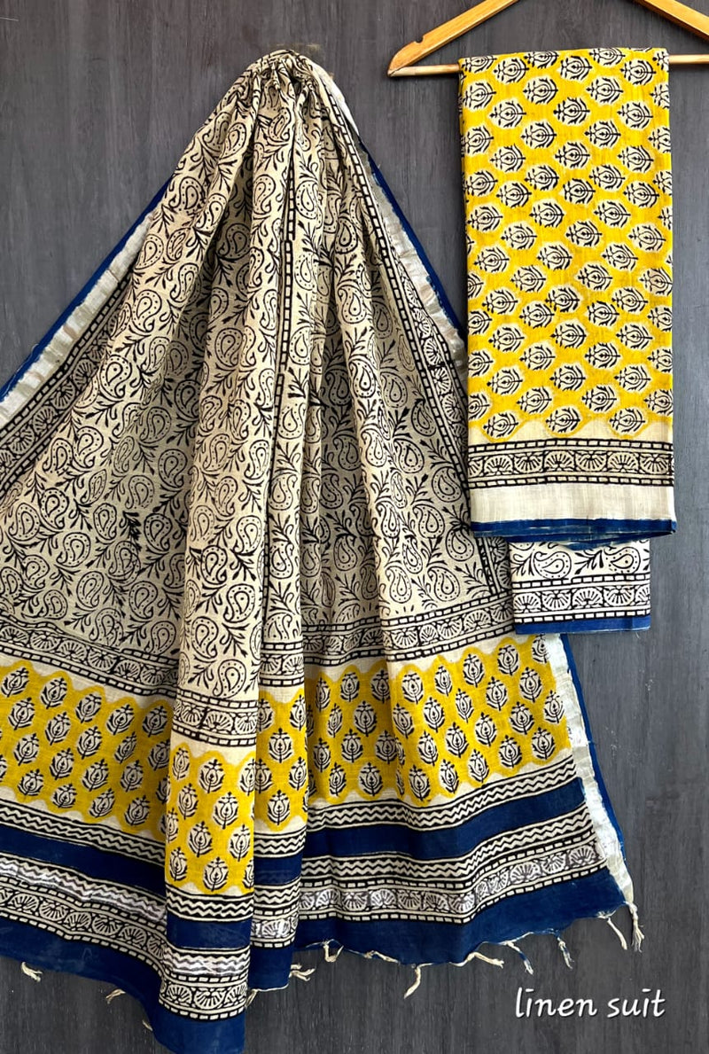 Hand Block Printed Linen Unstitched Suit .