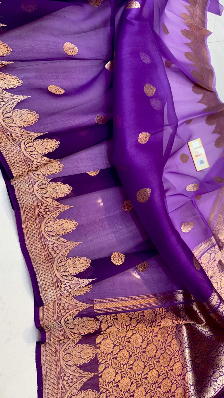 Pure Banarasi Kora Organza Silk Handwoven Zari Work Saree With Silk Mark Certificate ( Length- 6.3 Meter )