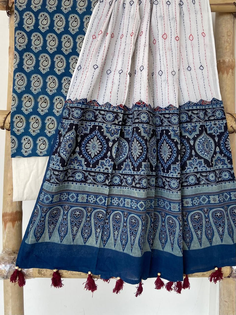 Pure Cotton Azrakh Print Unstitched suit With Hand kantha Work Dupatta .