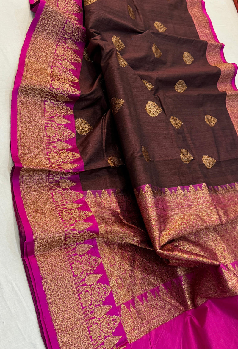 Handwoven Pure Banarasi Tussar Silk Saree With Antique Zari Work.