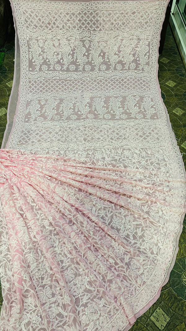 Pure Chiffon Georgette Chikankari Hand Embroidery Full Jaal Work Saree.