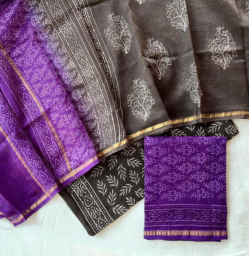 Pure Hand Block Chanderi Silk Unstitched Suit .