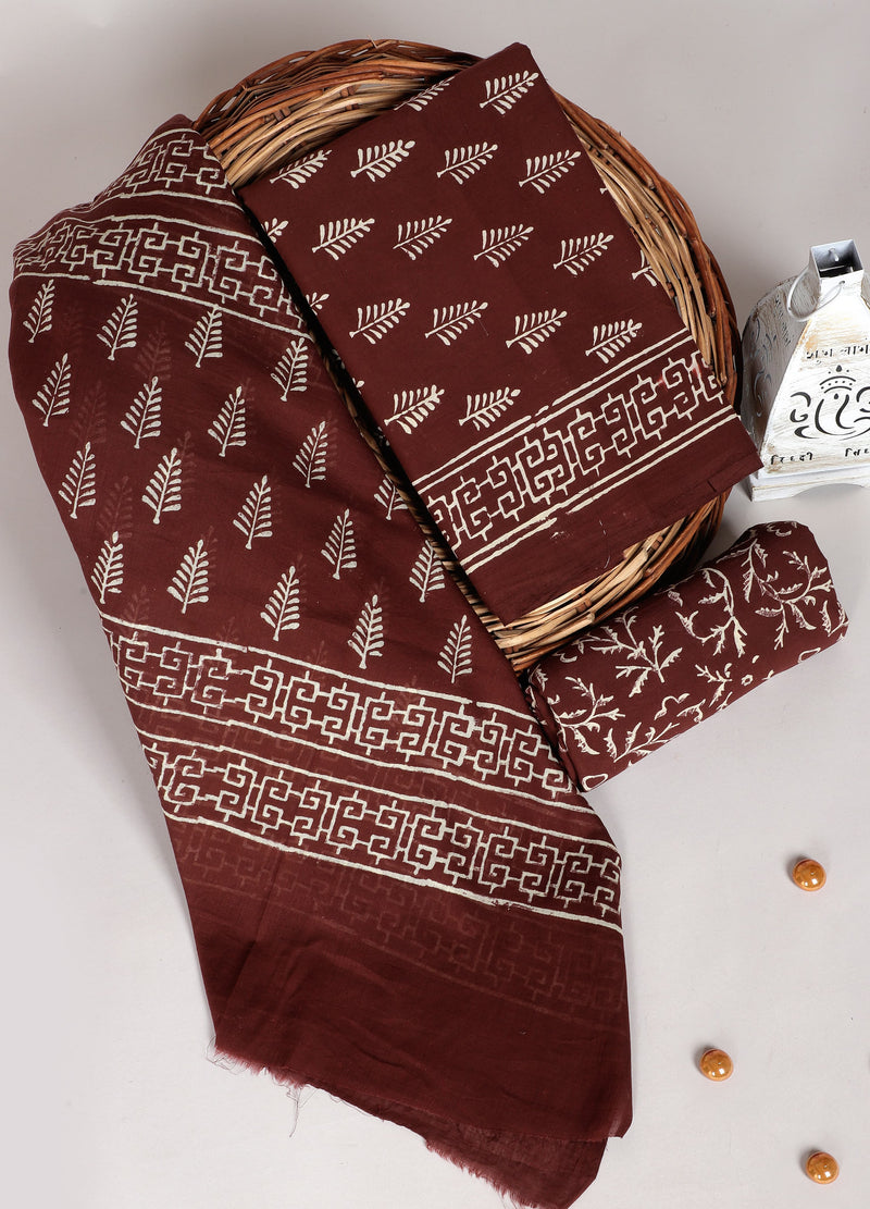 Pure Cotton Hand-Block Print unstitched suit with cotton dupatta .