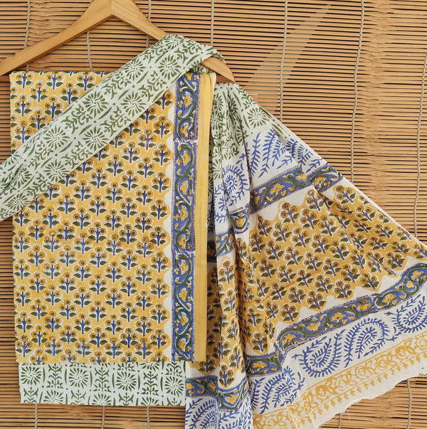 Pure Cotton Hand-Block Print unstitched suit with cotton dupatta .