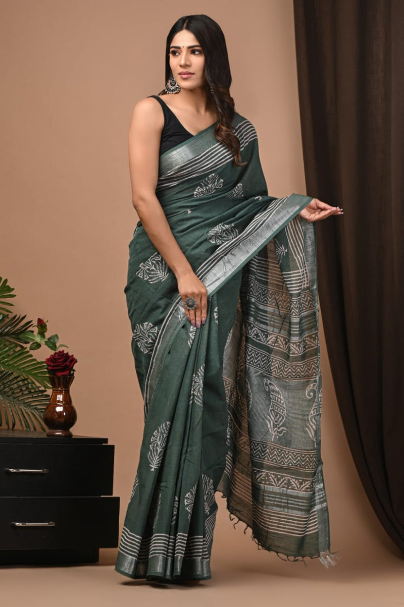 Hand Block Print Linen Saree with Blouse .