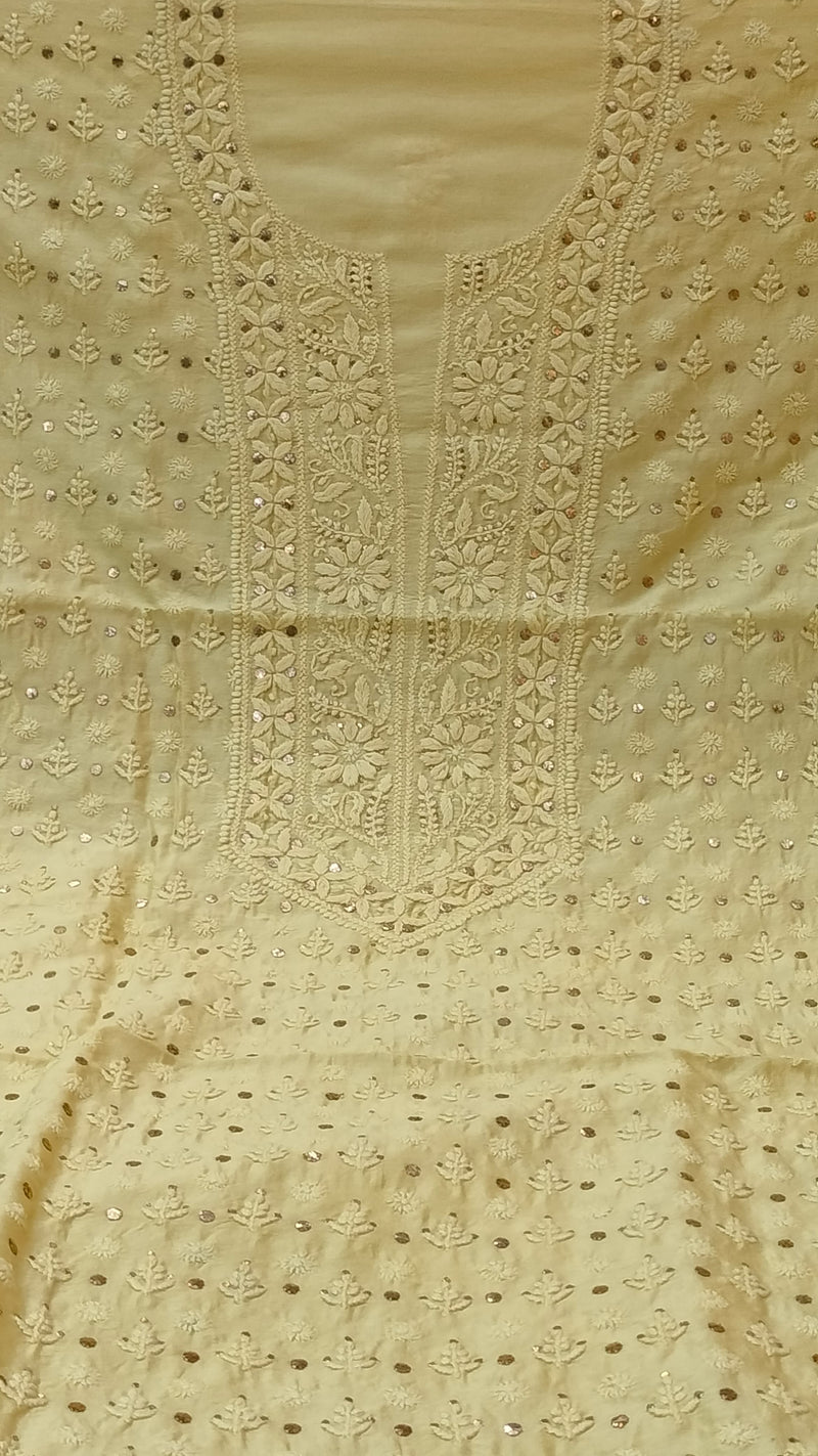 Pure Chanderi Silk 70grm Chikankari And Mukaish Work Unstitched Suit .