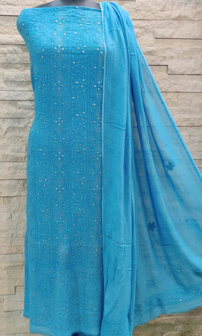 Pure Viscose Georgette Chikankari Hand Embroidery And Mukesh Work Unstitched Suit.