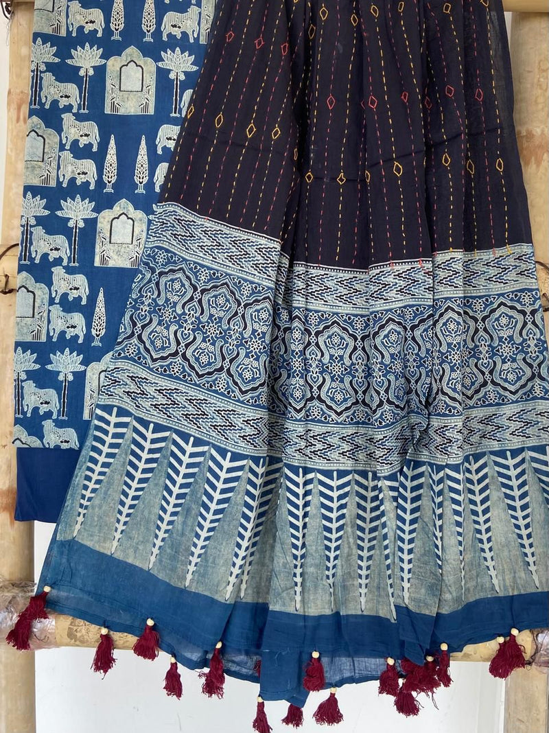 Pure Cotton Azrakh Print Unstitched suit With Hand kantha Work Dupatta .