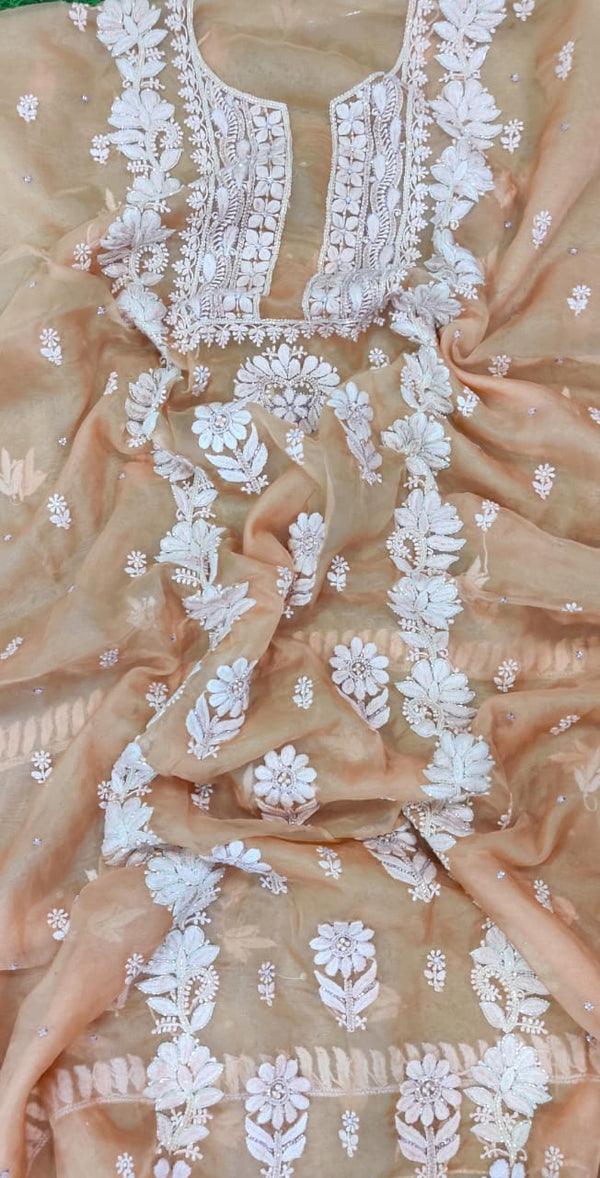 Pure Organza Silk Hand Chikankari Embroidery And Pearl Cut Dana Work Unstitched Suit.