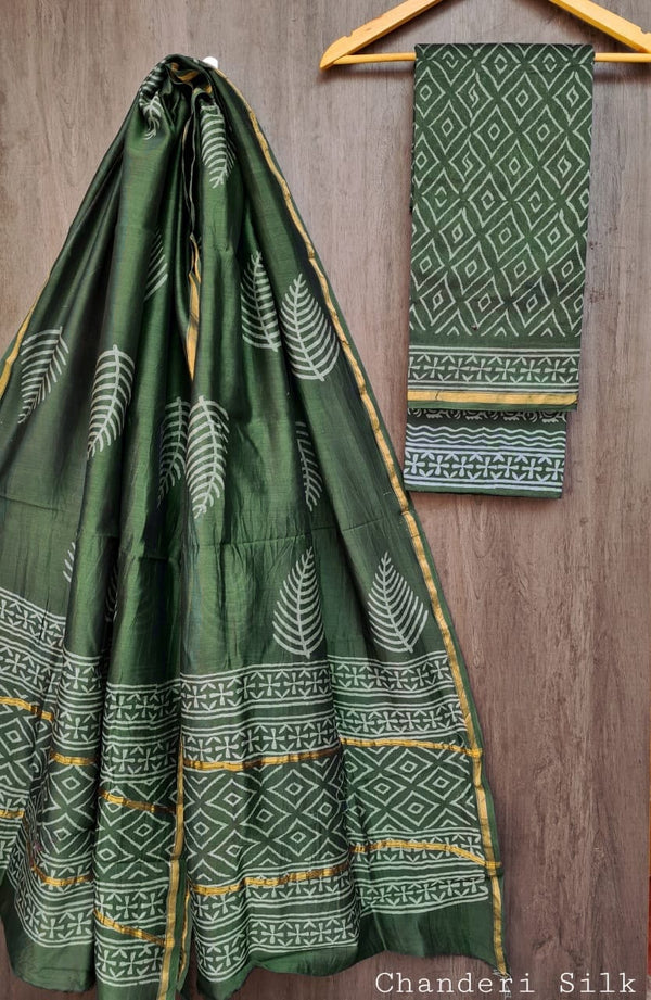 Pure Hand Block Chanderi Silk Unstitched Suit.