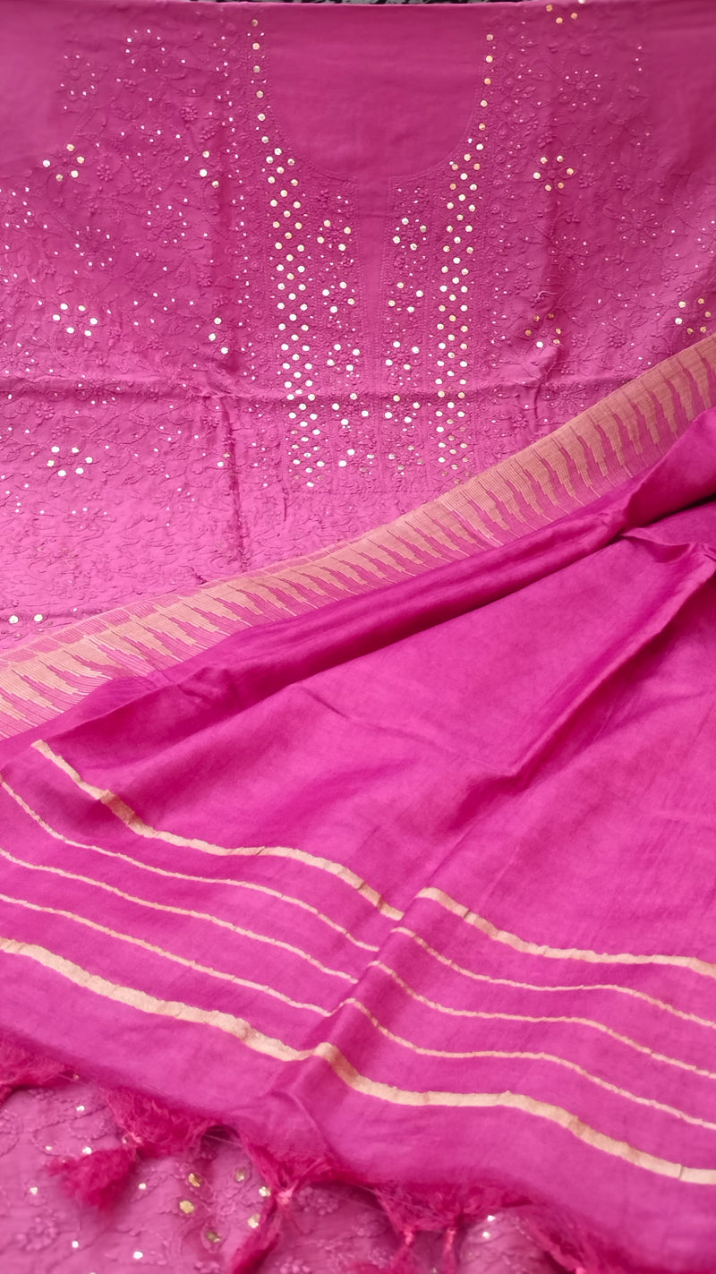 Pure Chanderi Silk 70grm Chikankari And Mukaish Work Unstitched Suit .