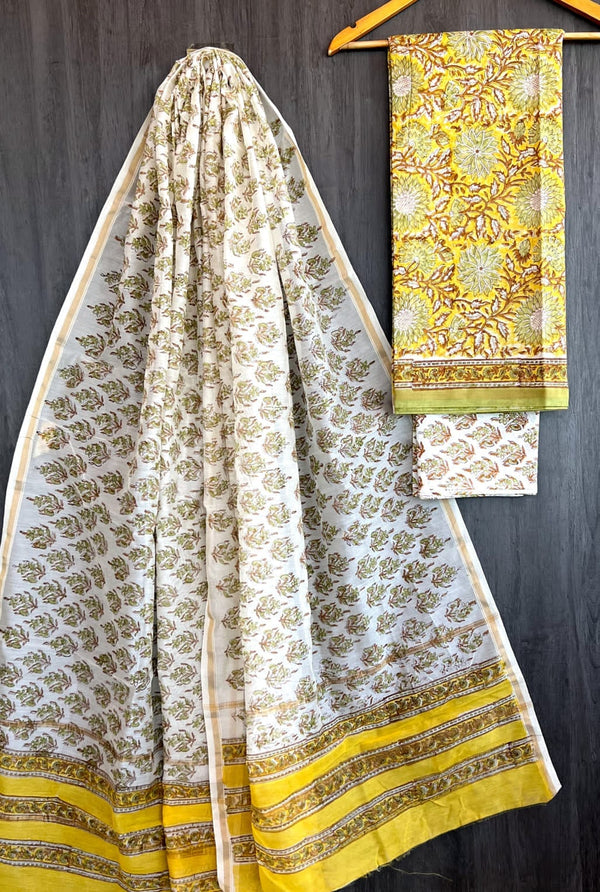 Pure Hand Block Chanderi Silk Unstitched Suit.