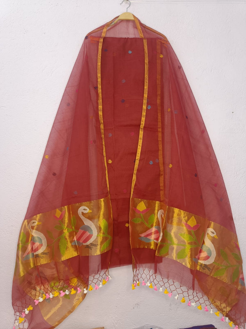 Pure Maslin Jamdani Weaved unstitched suit With Paithani Work .