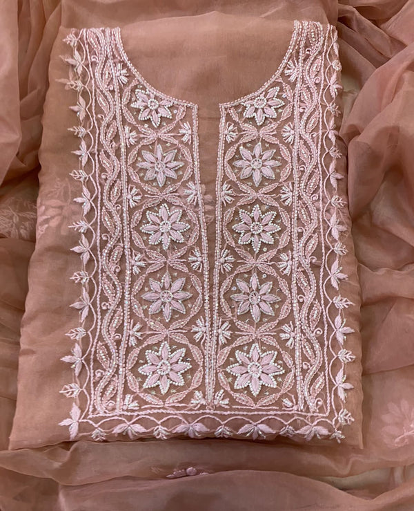 Pure Organza Chikankari Hand Work Unstitched Suit with Pearl Work