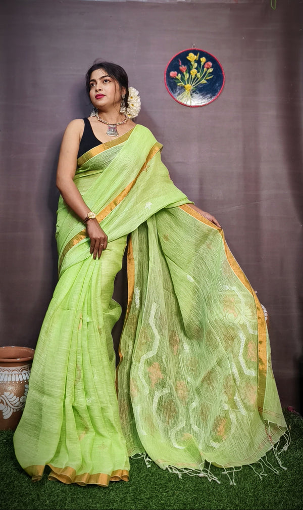 Pure Tissue Linen Silk Weaving Work Saree With Blouse.