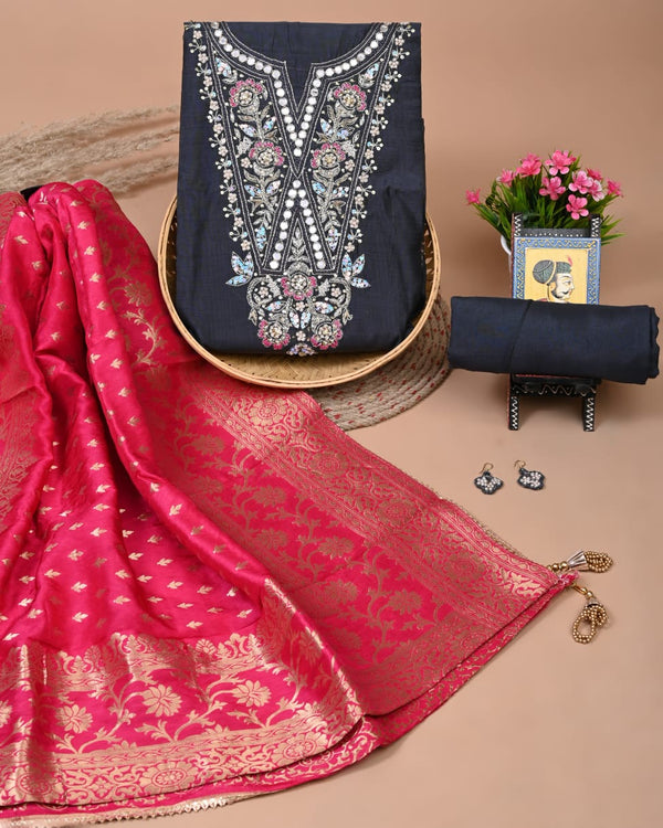 Pure Chanderi Silk Hand Work Unstitched Suit With Dhola Silk Dupatta.