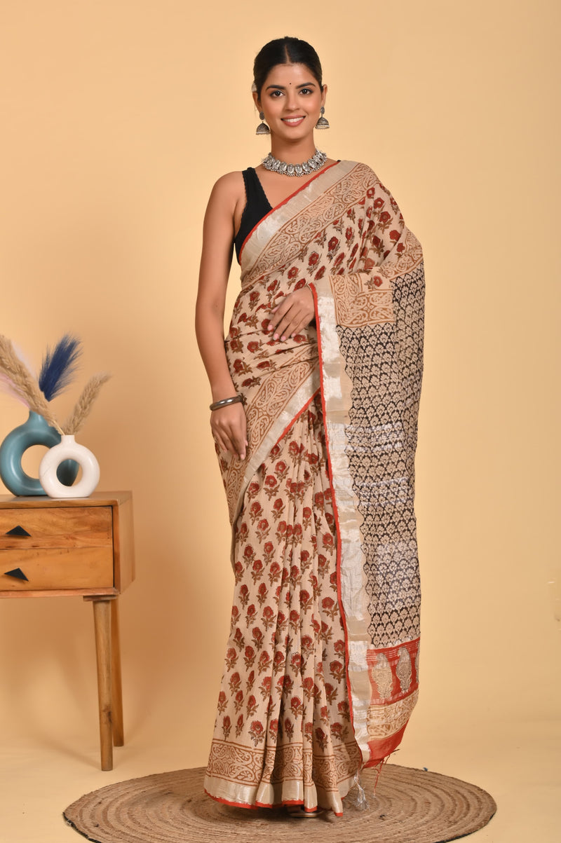 Hand Block Print Linen Saree with Blouse .