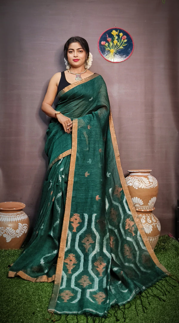 Pure Tissue Linen Silk Weaving Work Saree With Blouse.