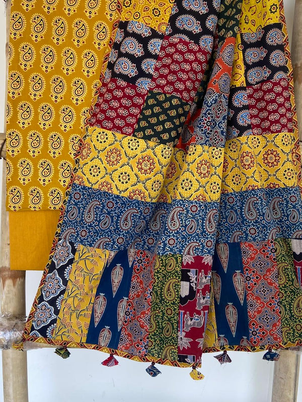 Pure Cotton Azrakh Print Unstitched suit With Patch Work Dupatta.