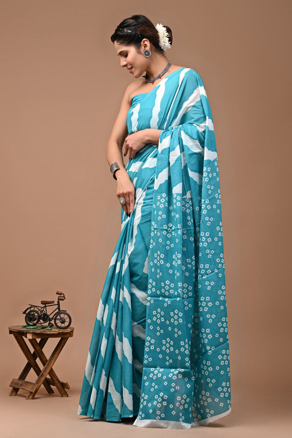 Pure  Mul cotton Hand print saree with Blouse.